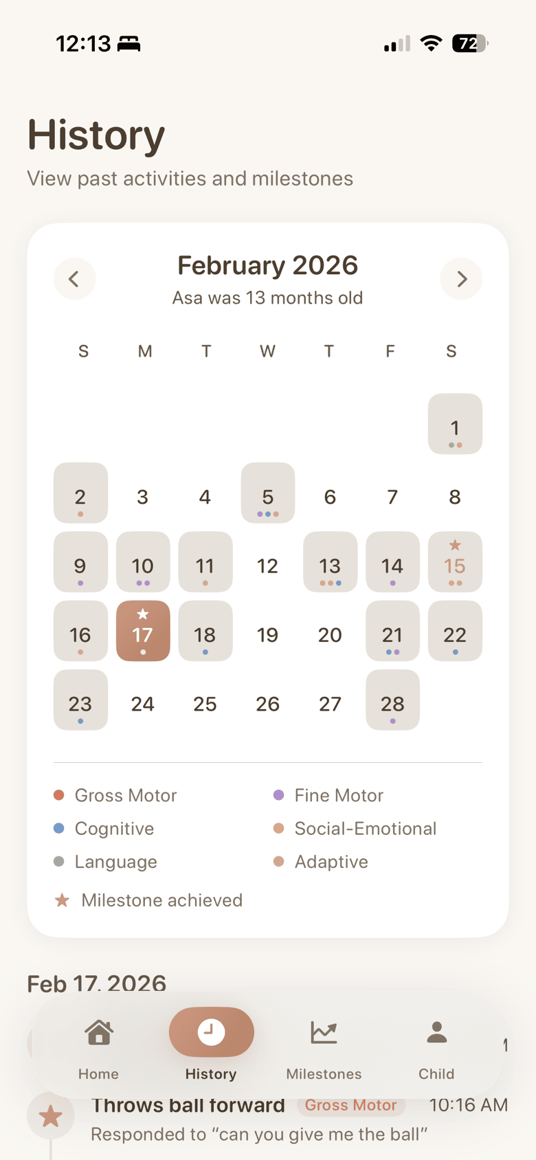 Nurture app History tab showing calendar month view with colored dots marking activity days and milestone achievements